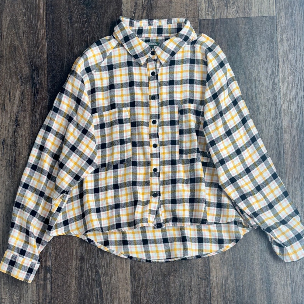 Wild Fable Target Cropped Multicolor Yellow & Pink Plaid Flannel Button Shirt - Picture 1 of 5